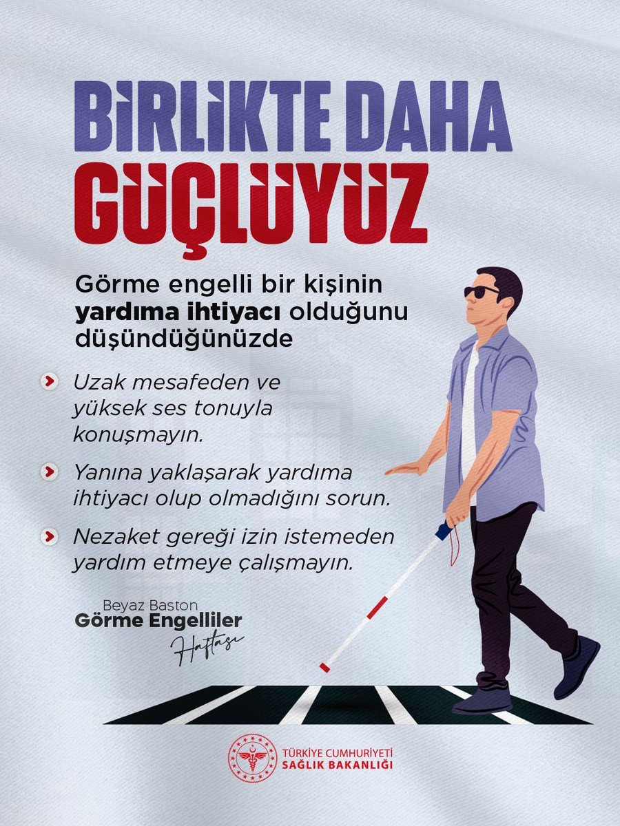 Görme engelli bir kişinin yardıma ihtiyacı olabileceğini düşündüğünüzde;

• Kendinizi tanıtın.
• İzinsiz temas etmeyin.
• Net ve yön belirten tarifler verin.
• Engelleri önceden bildirin.
• Yanından ayrılırken mutlaka haber verin.

Unutmayın: Doğru iletişim ve farkındalık en
