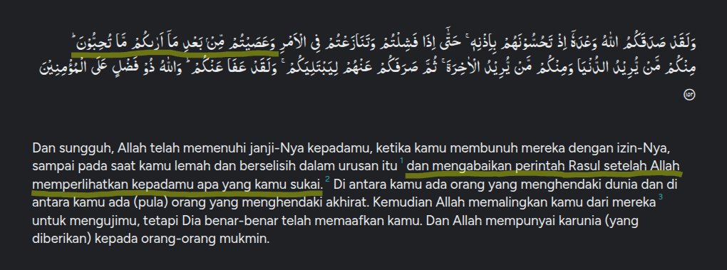 BilalFahrur's tweet photo. Di perang Uhud, pasukan Islam kalah. Sebabnya salah satunya ada di ayat ini, "kalian bermaksiat setelah melihat suatu hal yang kalian suka".

Maka, kalau hidup terasa gagal dan kalah terus dengan keadaan, barangkali ada maksiat yg kita lakukan setelah dapat nikmat dari Allah. https://t.co/8rLrHLkfov