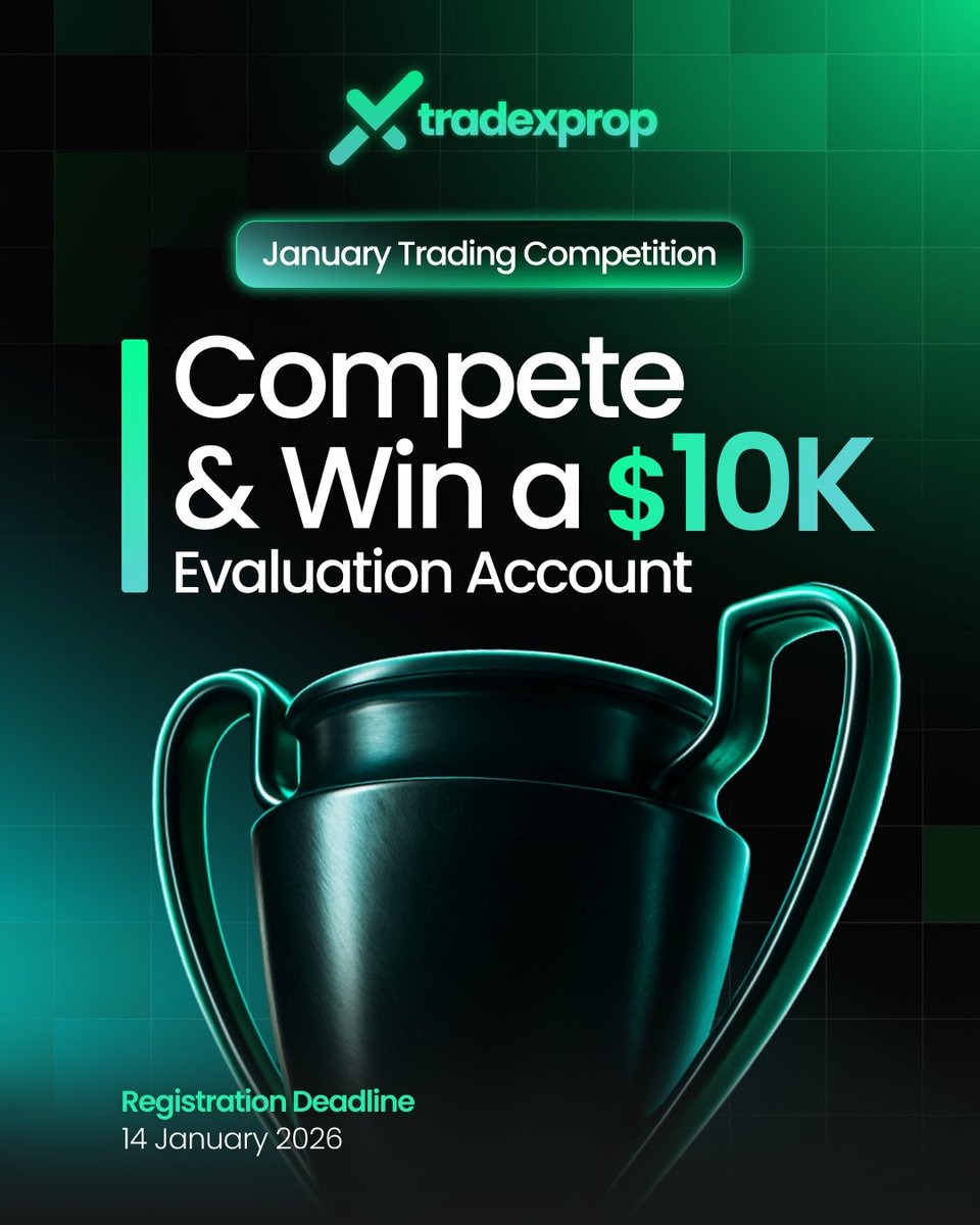 TradeXProp's tweet image. 🎯 JANUARY TRADING COMPETITION – REGISTRATION NOW OPEN 🎯

The January Competition is officially live.
Sharpen your execution, stay consistent, and compete for the top spots.

Good luck, trade smart, and stay disciplined. 💪📈

📅  Registration Deadline: 14 January 2026