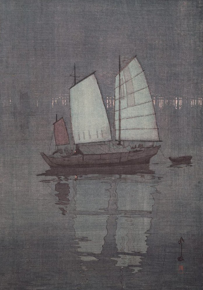 別摺によって瀬戸内海の時間の変化や光のうつろいを表現した吉田博の連作《帆船》