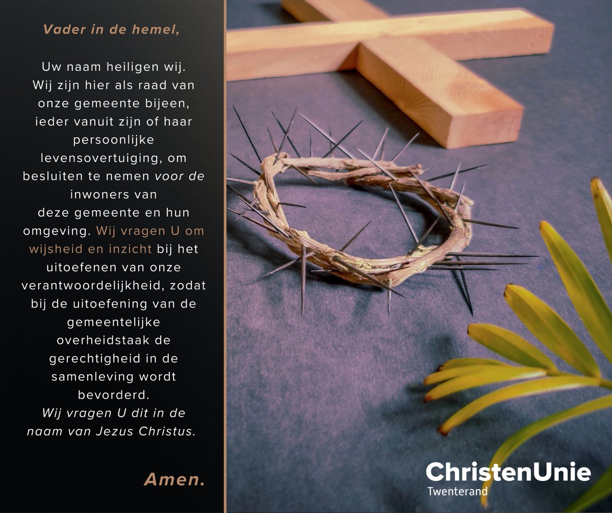 #christenunietwenterand
#opstaanvooreengoedtwenterand

Ambtsgebed: Hoe mooi is het dat in Nederland al eeuwenlang een gebed wordt uitgesproken voor de raadsvergadering! Regelmatig willen politieke partijen  dit afschaffen. Maar in Twenterand is het nog steeds behouden!