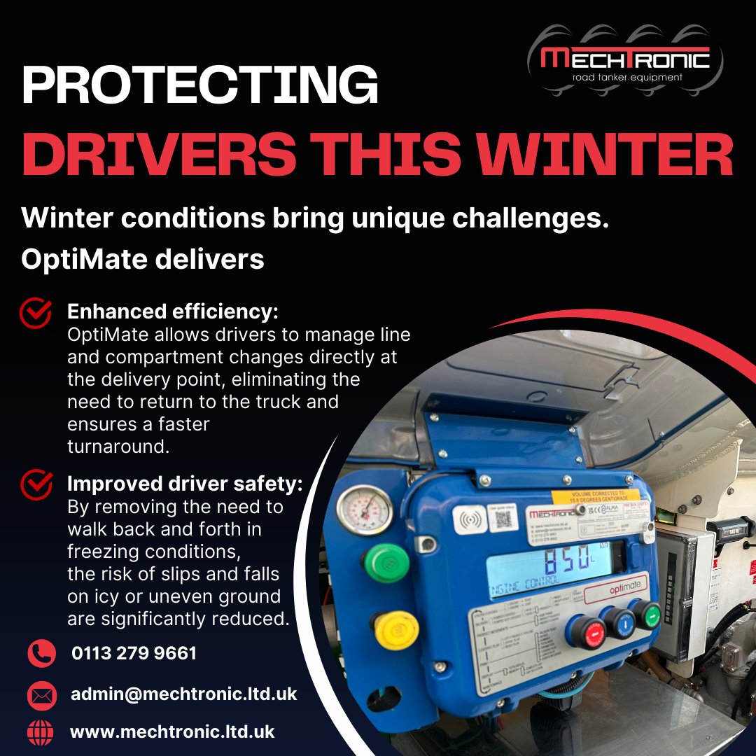 Protect your drivers this winter! ❄️

OptiMate lets drivers stay at the delivery point - no more walking back and forth to the truck for line changes in icy conditions.

✅ Fewer slip risks
✅ Faster turnaround
✅ Built for the freeze

🌐 mechtronic.ltd.uk 📞 0113 279 9661