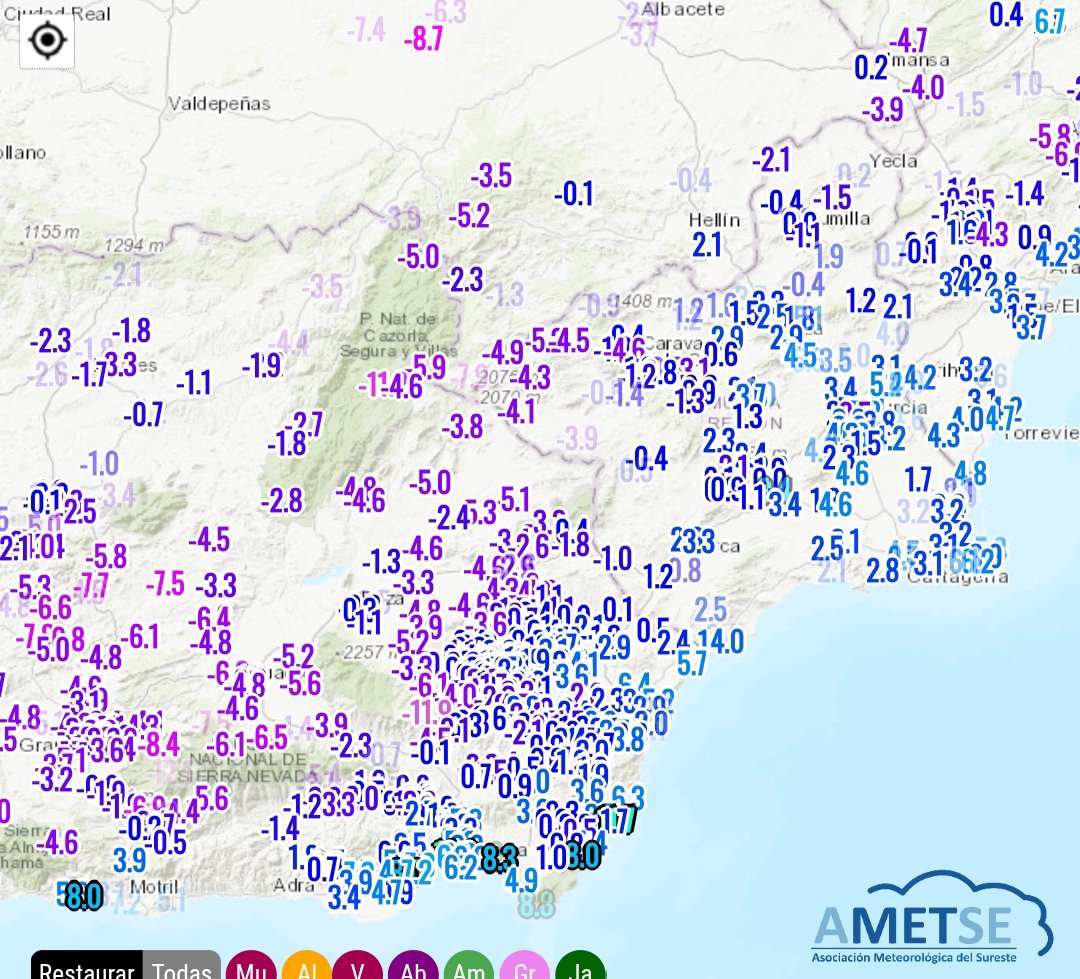 🥶 La pasada noche ha vuelto a ser muy fría en el sureste peninsular, registrando mínimas por debajo de los -10° en 4 de las estaciones de la red.

Incluso la "cálida" provincia de Almería ha registrado hasta 86 de las estaciones con helada. 

Datos en redmeteo.ametse.org