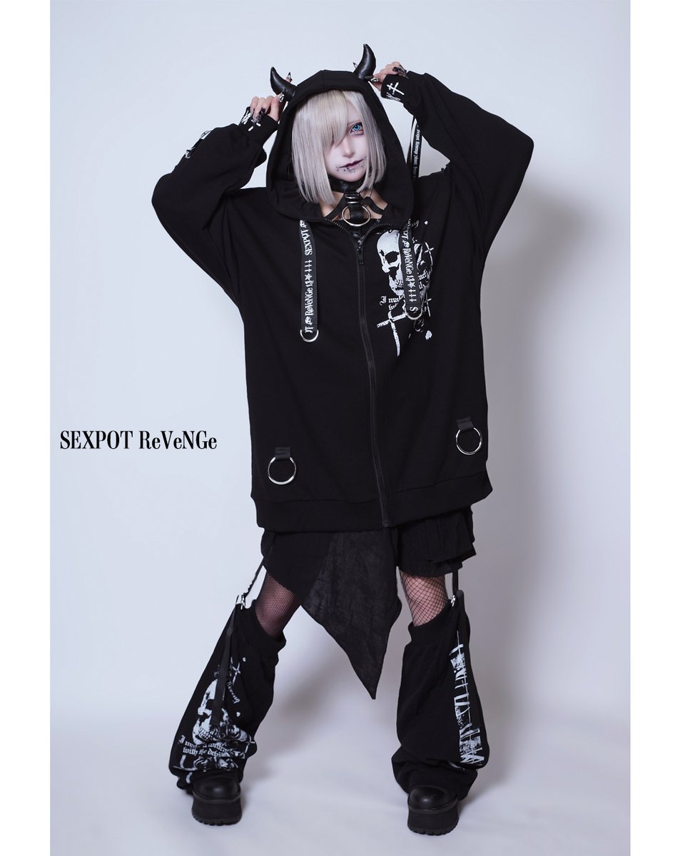 HOOD DEVIL SLEEVE ReVeNGe 黒×白＋紫 ジップ [APPAREL]/セックスポットリベンジ/悪魔の誘惑 LACE POT (F) UP ゴスロリ・パンク/SEX パーカ HORNS
