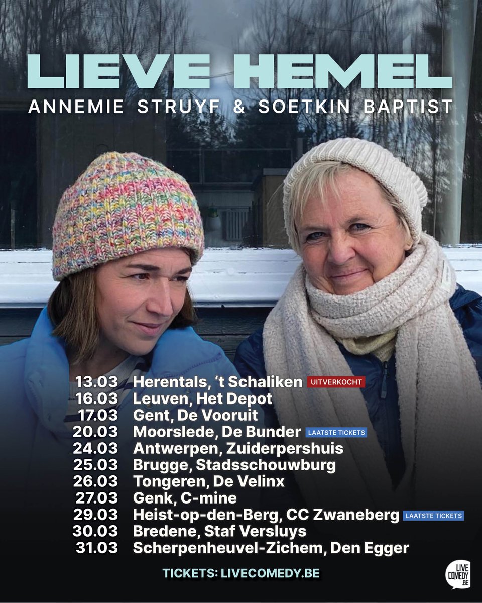 LiveComedybe's tweet image. Na jaren reportagewerk over de hele wereld blikt Annemie Struyf terug op de grote ankerpunten in haar leven. Samen met Soetkin Baptist brengt ze 'Lieve Hemel', een voorstelling met een mix van verhalen en muziek over liefde en troost. Tickets via LiveComedy.be/lievehemel