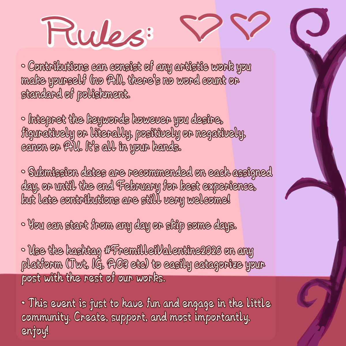 kulazu's tweet photo. I'm delighted to announce I'll be hosting the Fremillei Valentine Shipweek of 2026! So that #Fremillei gets to experience the days of love with YOUR help!

Use the hashtag #FremilleiValentine2026 for each word prompt assigned from Feb 8th to Feb 14th.

Let the pining ensue! https://t.co/WhMPVsYHd3