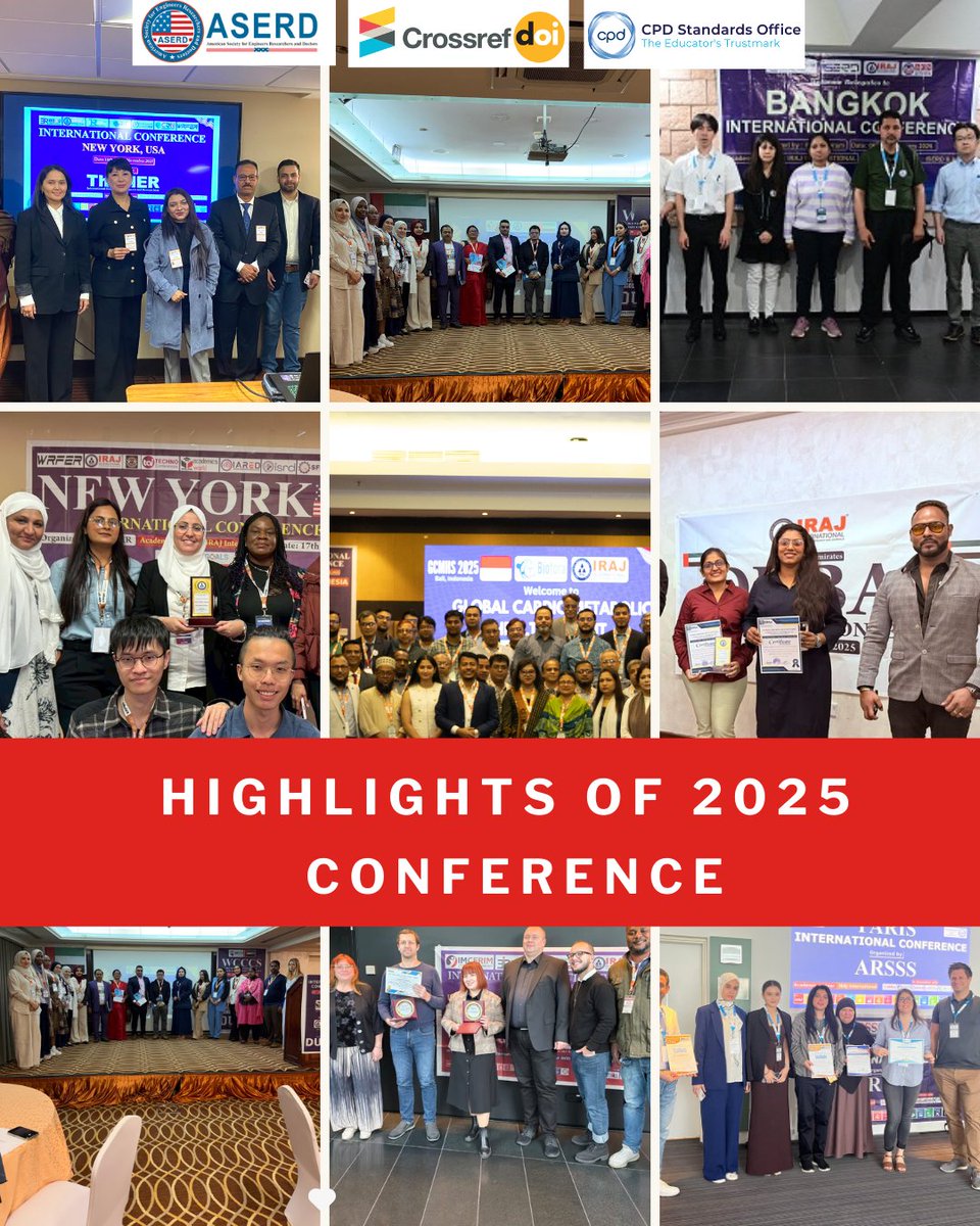 ✨ 2025 Conference Highlights ✨
We successfully organized multiple international conferences in 2025 with great global participation. 
👉View all our upcoming conferences: aserd.org/all_conference…
📞 Contact Us
✉️ Email: info.aserd@gmail.com
#aserd #ConferenceHighlights