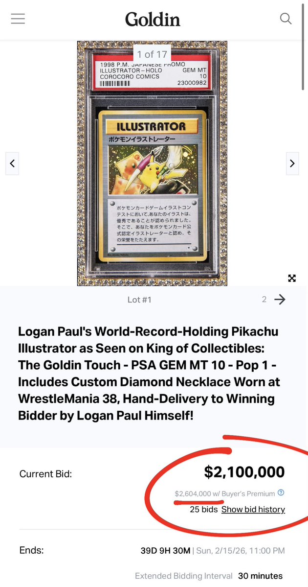 LoganPaul's tweet image. Goldin made their $2.5M advance they paid me back in less than 36 hours 

$2.6M winning bid with 39 days left 🤯