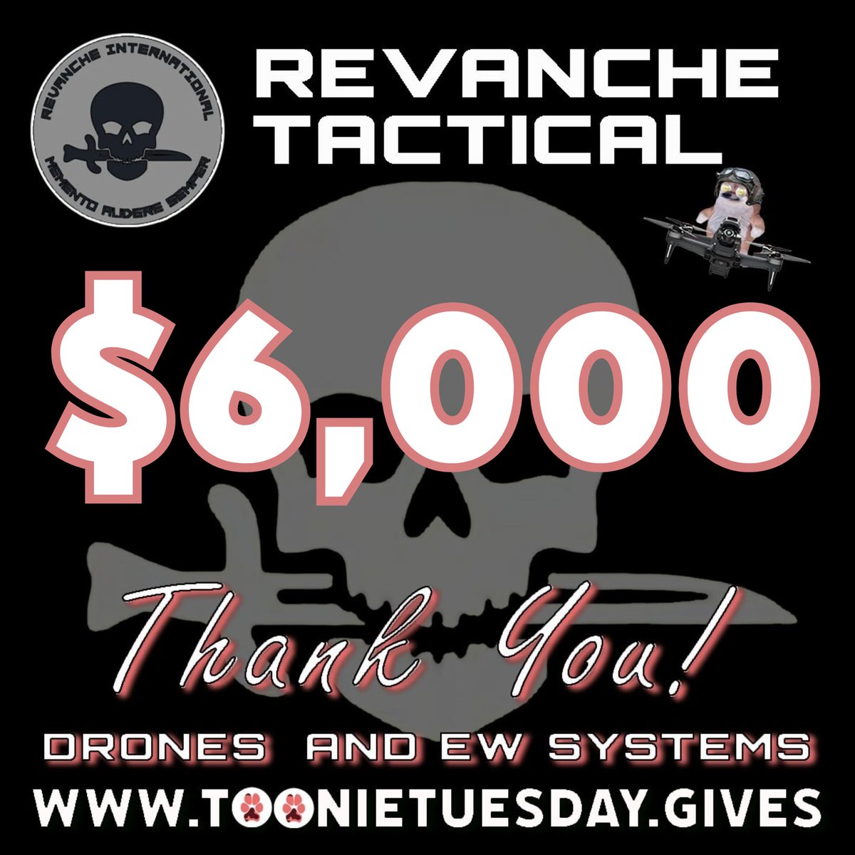 💪Reinforcing Revanche💪 $6,000 ✅$7,000🎯 

Together with <a href="/dzygaspaw/">Dzyga's Paw</a> we raised $6,000 for the Tactical Group “Revanche” of the Main Directorate of Intelligence of the Ministry of Defence of Ukraine. Your generosity helps bring the drones and EW systems that protect them and