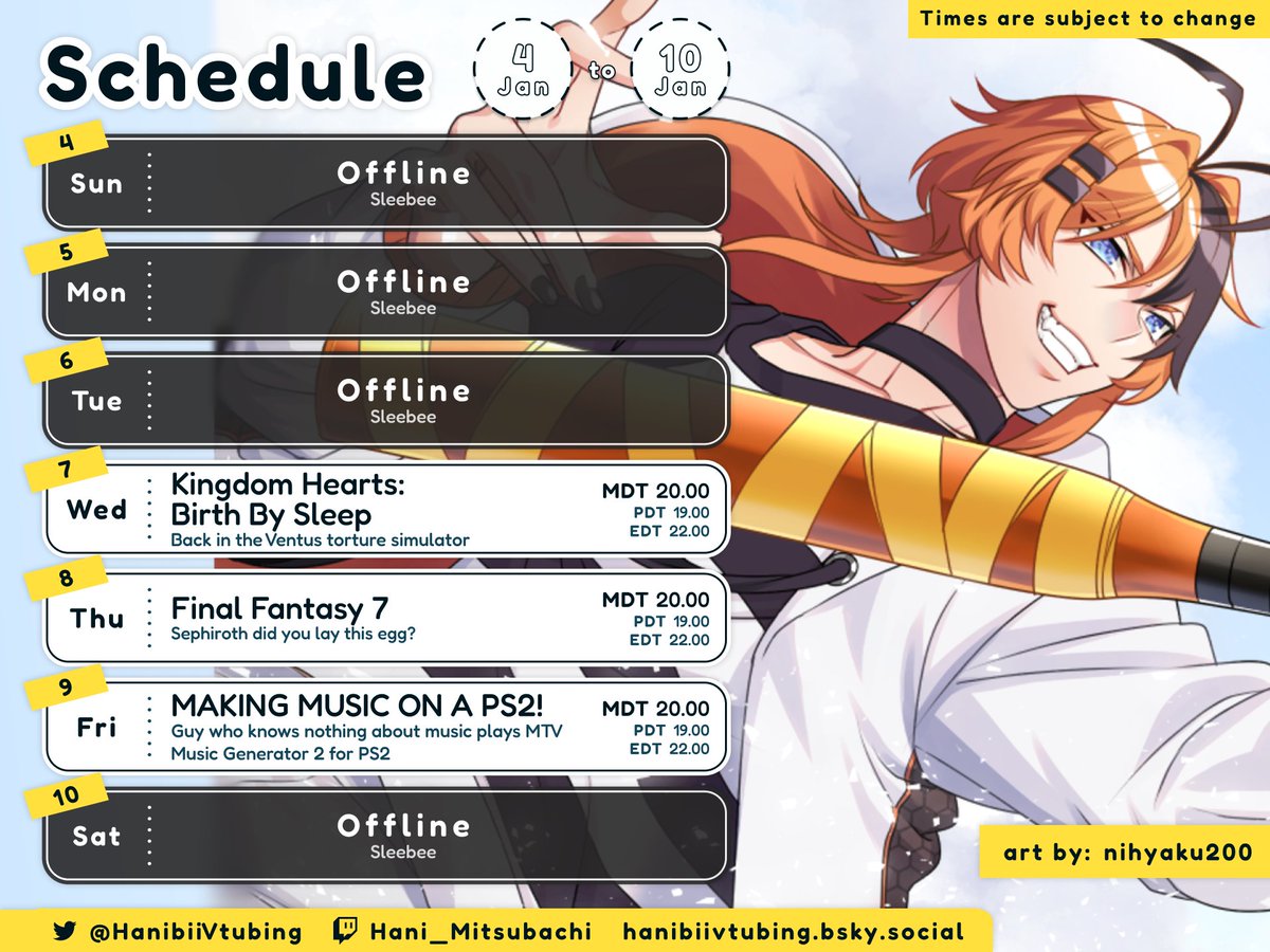 🐝SCHEDULE JANUARY 4th - JANUARY 10th🐝

A while ago I learned about a PS2 game that is an actual, fully functional, music making tool... AND WERE GOING TO MAKE SOMETHING WITH IT! I don't know anything about music, but what could go wrong?