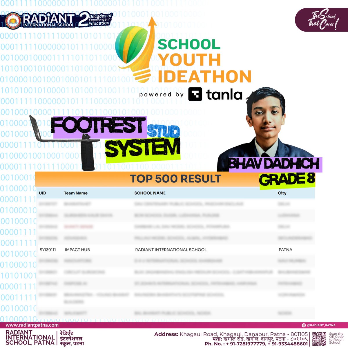 Huge congrats to Bhav Dadhich (Class VIII)🏆 
His "Footrest Stud System" ranked in the TOP 500 at the School Youth Ideathon. A brilliant solution for safer, more hygienic scooter commutes. Way to go, Bhav! 

#TheSchoolthatCares