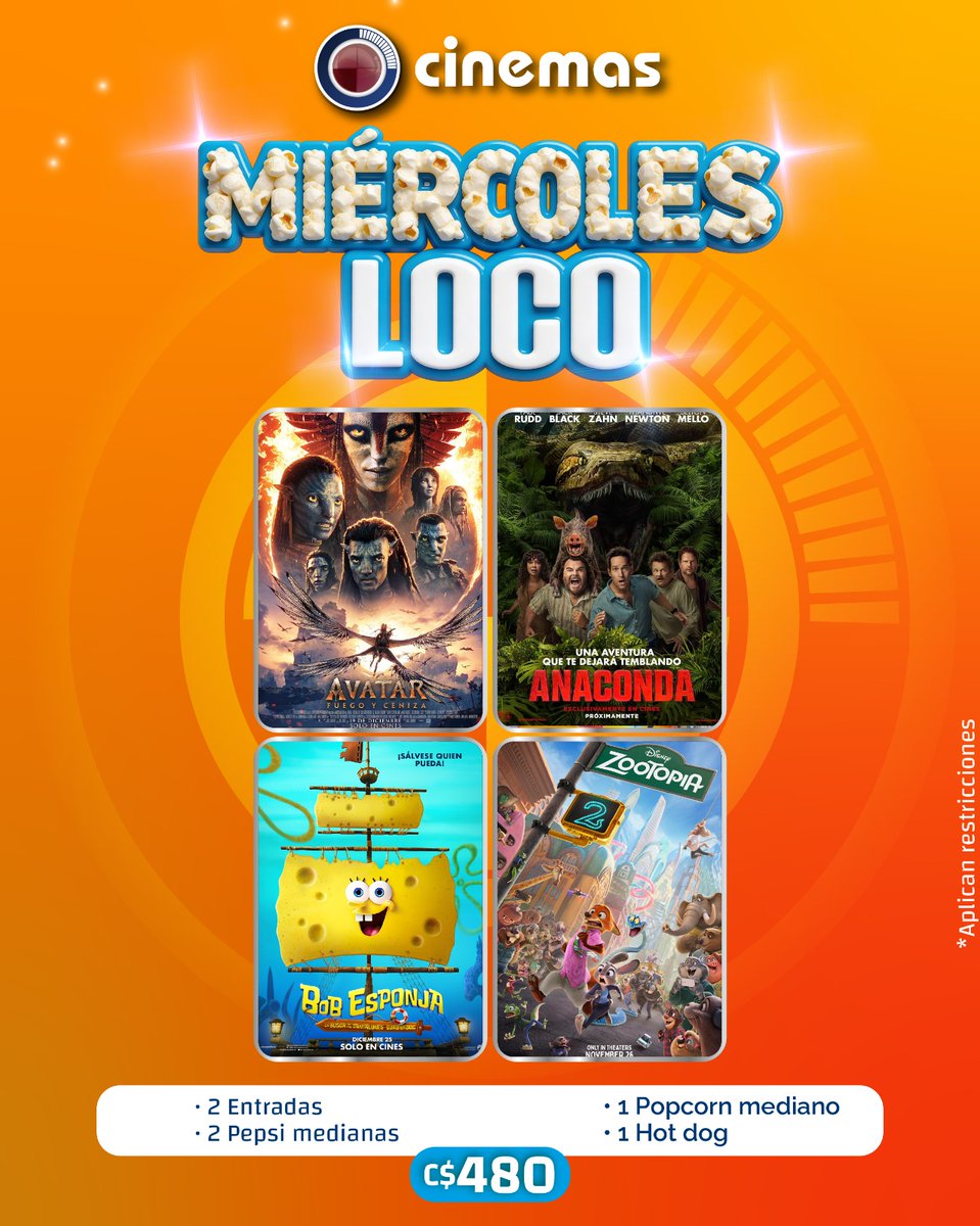 🎬¡Miércoles de cine... #MiercolesLocos... el plan perfecto para HOY!🍿✨
¿Quién se apunta para una función en #Cinemas? Llama a tu team, etiquétalos y elijan su película favorita🤭

🔸Consulta las tandas desde acá: cinemas.com.ni ¡Te esperamos!🤩

#NosApasiona