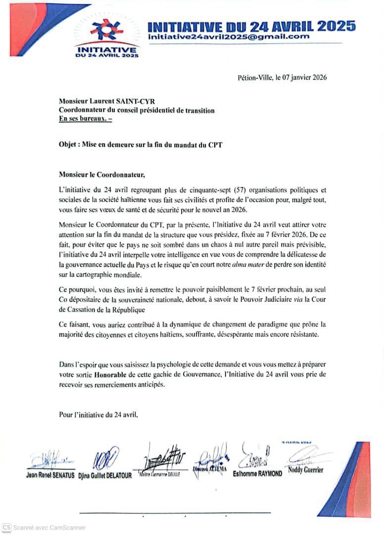 07 janvier 2026,  l’#Initiativedu24avril met le CPT en demeure et l’invite à préparer sa sortie de la gouvernance du Pays.
