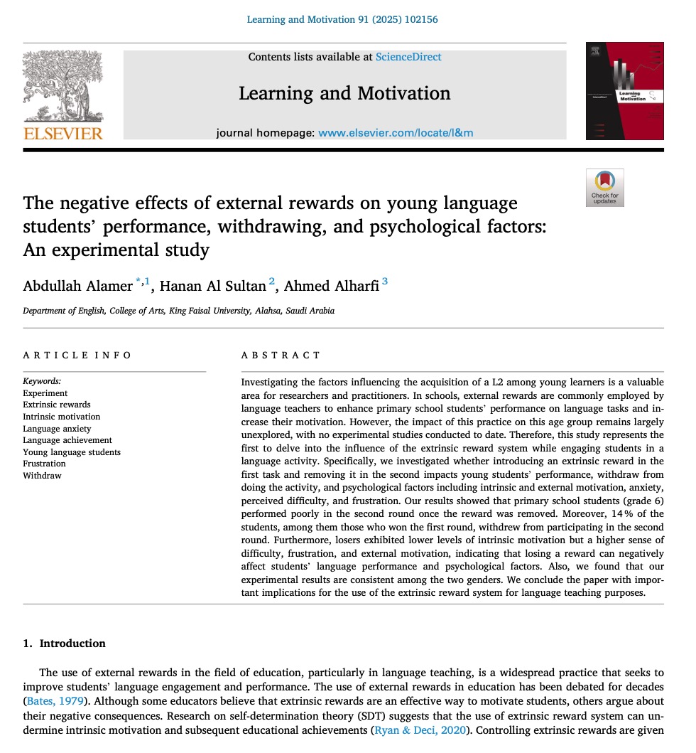 ⚠️يؤسفني أن أقول لك أن هذه الممارسة تتعارض مع العلم الحديث!

من متخصص ومجرب: إلى كل أستاذ يحب الخير لطلابه، عليك إعادة التفكير في استخدام المكافآت والدرجات والمديح كمحفزات خارجية (البديل في نهاية المنشور).

أجرينا دراسة تجريبية على طلاب مرحلة ابتدائية (ذكور وإناث) لمعرفة الدور