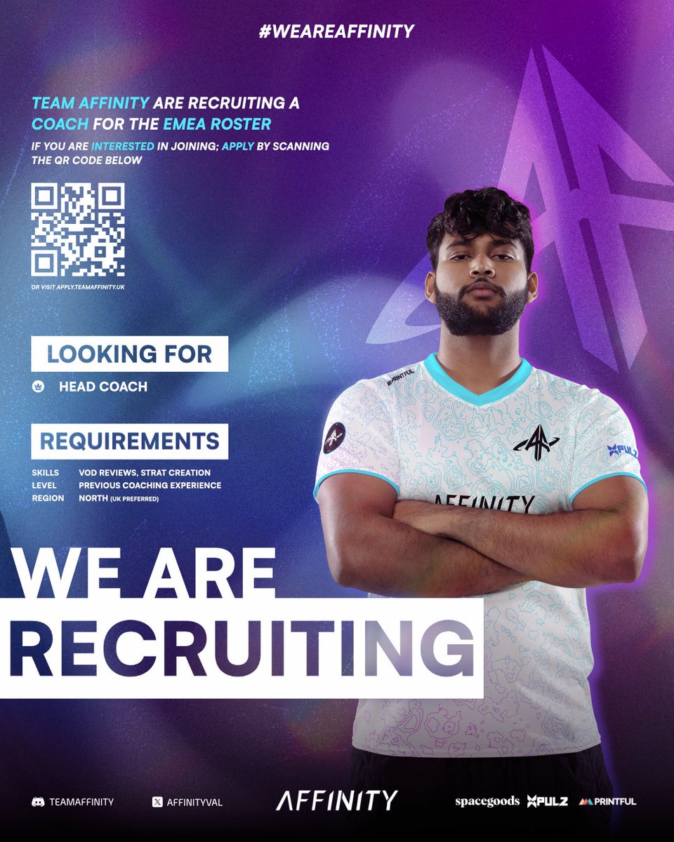 AffinityVAL's tweet image. 🚨 (another) ANNOUNCEMENT 🚨

The Main Team is also looking for a Coach!

You can find the requirements in the Graphic below - and as usual; 

if you are interested, or know someone who is, visit apply.teamaffinity.uk or scan the QR Code below!

#WeAreAffinity #ValorantLFP #LFP…