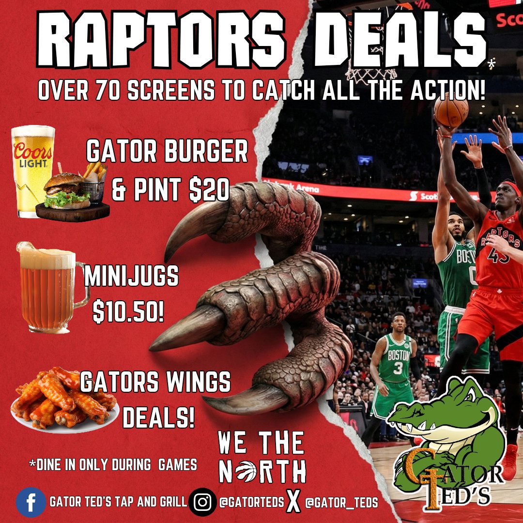 Catch the Raptors at Gators tonight with great burger,  beer &amp; wing deals during the Game! With 70 SCREENS you won't miss a minute o the action! #wethenorth #raptorsnation