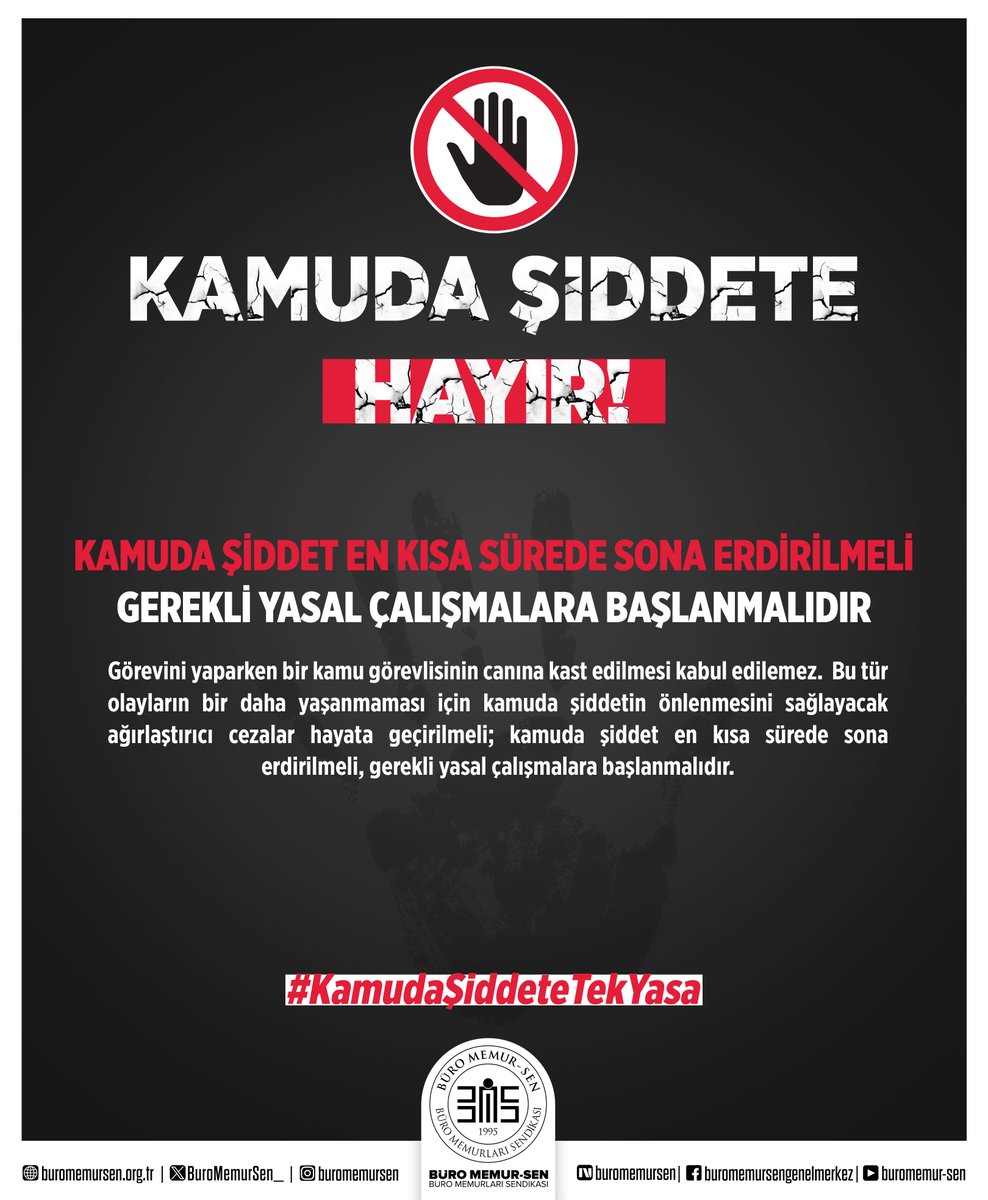 KAMUDA ŞİDDET EN KISA SÜREDE SONA ERDİRİLMELİ; GEREKLİ YASAL ÇALIŞMALARA BAŞLANMALIDIR

Görevini yaparken bir kamu görevlisinin canına kast edilmesi kabul edilemez.  Bu tür olayların bir daha yaşanmaması için kamuda şiddetin önlenmesini sağlayacak ağırlaştırıcı cezalar hayata