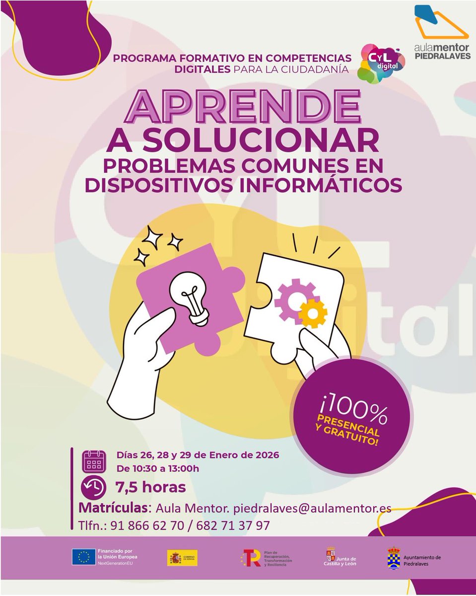 T𝐚𝐥𝐥𝐞𝐫 𝐩𝐫𝐞𝐬𝐞𝐧𝐜𝐢𝐚𝐥 𝐲 𝐠𝐫𝐚𝐭𝐮𝐢𝐭𝐨:  “𝑨𝑷𝑹𝑬𝑵𝑫𝑬 𝑨 𝑺𝑶𝑳𝑼𝑪𝑰𝑶𝑵𝑨𝑹 𝑷𝑹𝑶𝑩𝑳𝑬𝑴𝑨𝑺 𝑪𝑶𝑴𝑼𝑵𝑬𝑺 𝑬𝑵 𝑫𝑰𝑺𝑷𝑶𝑺𝑰𝑻𝑰𝑽𝑶𝑺 𝑰𝑵𝑭𝑶𝑹𝑴Á𝑻𝑰𝑪𝑶𝑺”, 𝐥𝐨𝐬 𝐝í𝐚𝐬 𝟐𝟔, 𝟐𝟖 𝐲 𝟐𝟗 𝐝𝐞 𝐞𝐧𝐞𝐫𝐨 𝐝𝐞 𝟏𝟎:𝟑𝟎 𝐚 𝟏𝟑:𝟎𝟎 𝐡𝐨𝐫𝐚𝐬.