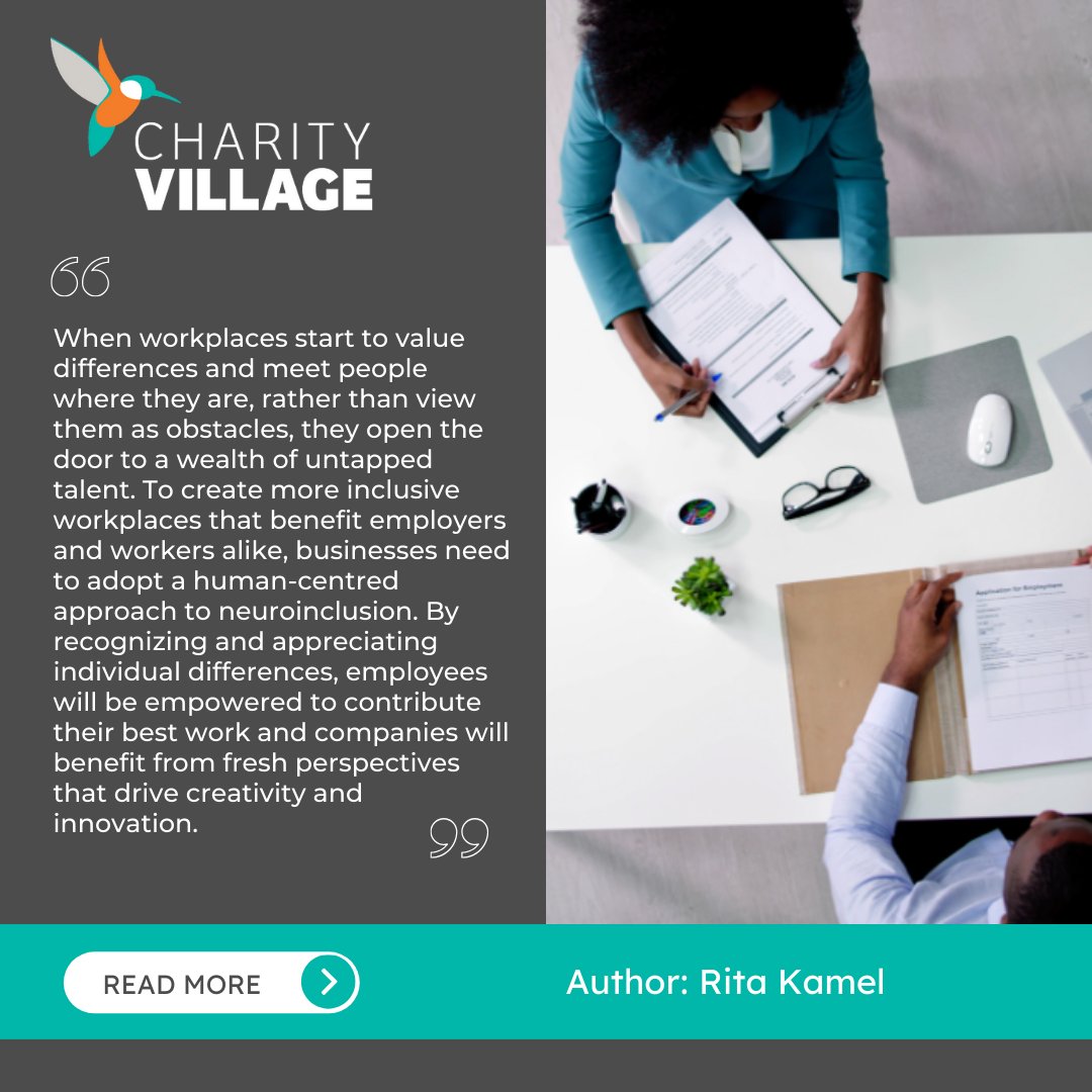 CharityVillage's tweet image. To create more #inclusive #workplaces that benefit employers and workers alike, organizations need to adopt a human-centred approach to #neuroinclusion. This interview with Diana Cretu was written by Rita Kamel, Project Manager with @imaginelearners. ⬇️ 

okt.to/D7nUNL