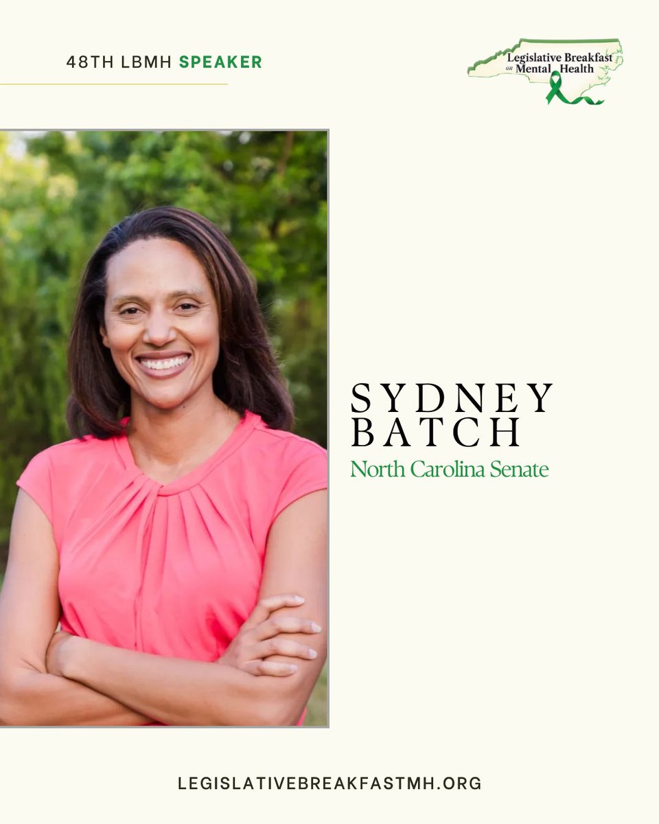 MHLegislativeBk's tweet image. We’re honored to welcome NC State Senator Sydney Batch as a featured speaker at the 48th Legislative Breakfast on Mental Health. She brings deep policy expertise and lived leadership to the conversation on February 7th. 

#MentalHealth #lbmh  #LegislativeBreakfast #NorthCarolina