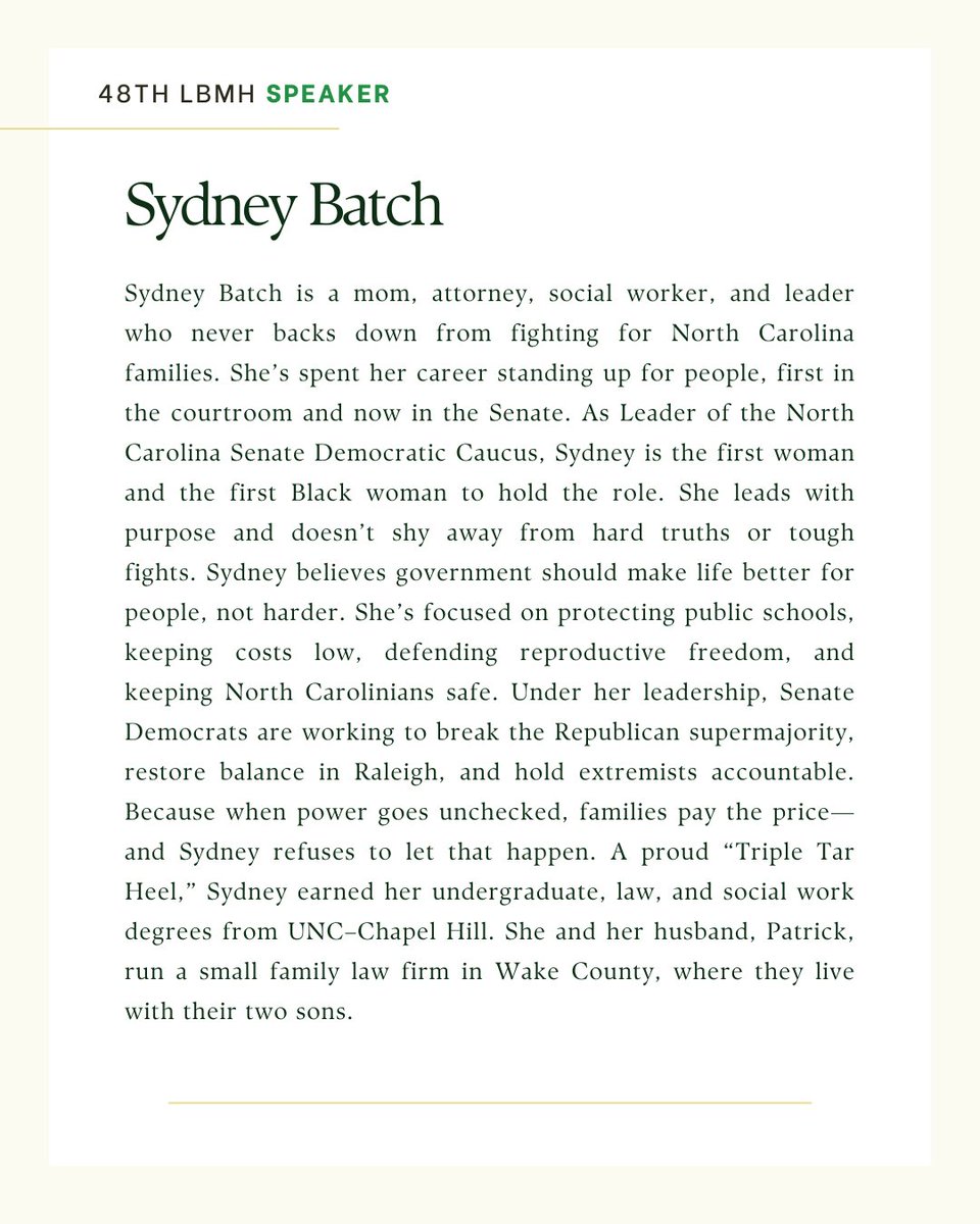 MHLegislativeBk's tweet image. We’re honored to welcome NC State Senator Sydney Batch as a featured speaker at the 48th Legislative Breakfast on Mental Health. She brings deep policy expertise and lived leadership to the conversation on February 7th. 

#MentalHealth #lbmh  #LegislativeBreakfast #NorthCarolina