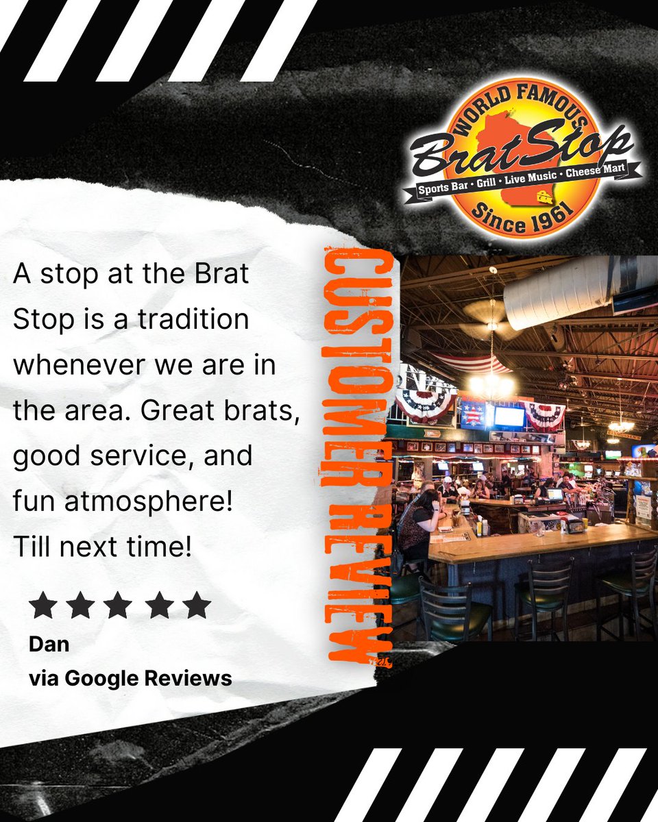 We’re feeling the love! A fresh 5-star rating from one of our awesome guests ⭐❤️ #BratStopEats #CustomerLove #KenoshaWI
