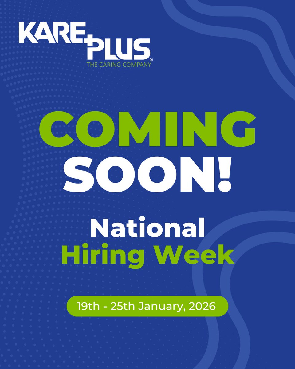 Big opportunities are on the horizon! 🌟

Kare Plus National Hiring Week is coming soon! Mark your calendars for 19th–25th January 2026. 

Start your journey in healthcare with us! 

#HiringWeek #KarePlusCareers #HealthcareJobs