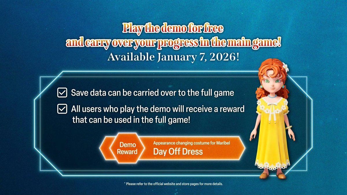 DRAGON QUEST VII Reimagined demo is up:
Steam buff.ly/bRPJL8X (or enter steam://launch/2499870)
US PSN buff.ly/F3iJRLj 
US eShop Switch 2 buff.ly/CQOIcxI 
US eShop Switch buff.ly/YmCQ9AG 
XBL buff.ly/hTmoAZL 

save data carries to full game