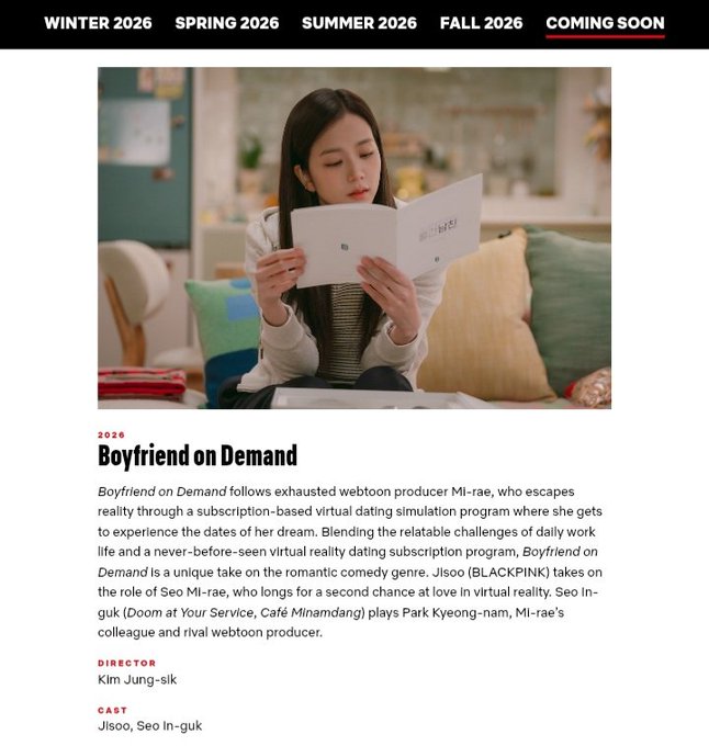 Netflix coloca una reseña sobre #BoyfriendOnDemand en su sitio web

"Al combinar los desafíos cotidianos de la vida laboral con un programa de suscripción de citas de realidad virtual nunca antes visto, BFOD Demand es una versión única de la comedia romántica".

#JISOO 
N