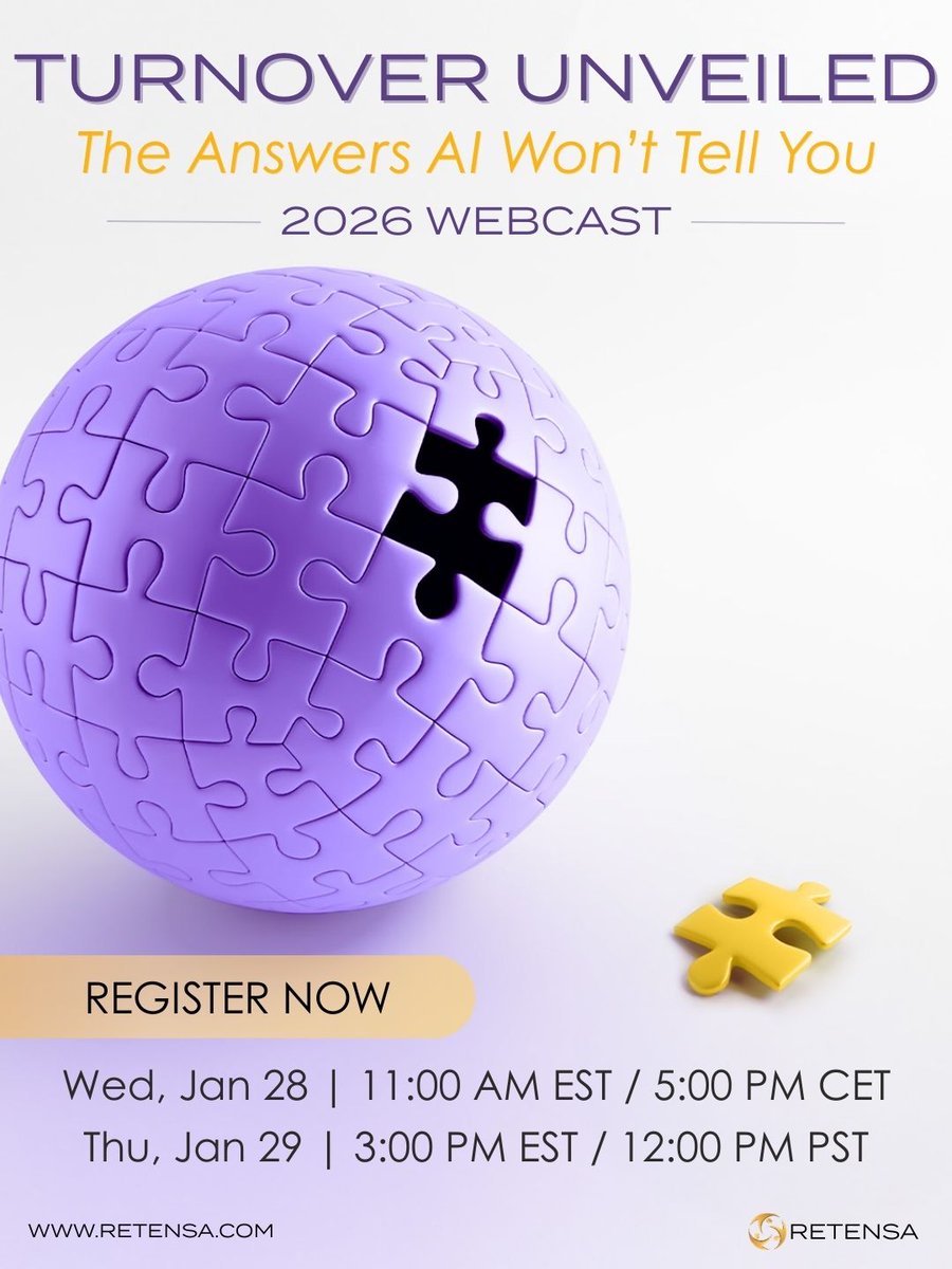 Retensa's tweet photo. What do employees want in 2026?
Free webcast: Turnover Unveiled 2026: The Answers AI Won’t Tell You.
2 live sessions:
Wed 1/28 @ 11:00 AM EST/5 PM CET or
Thu 1/29 @ 3:00 PM EST/12 PM PST
Free w/ code TALENT26 Register now! Links in comments.
#HRInsights #FutureOfWork #HRLeader https://t.co/h6M4XLcs3s