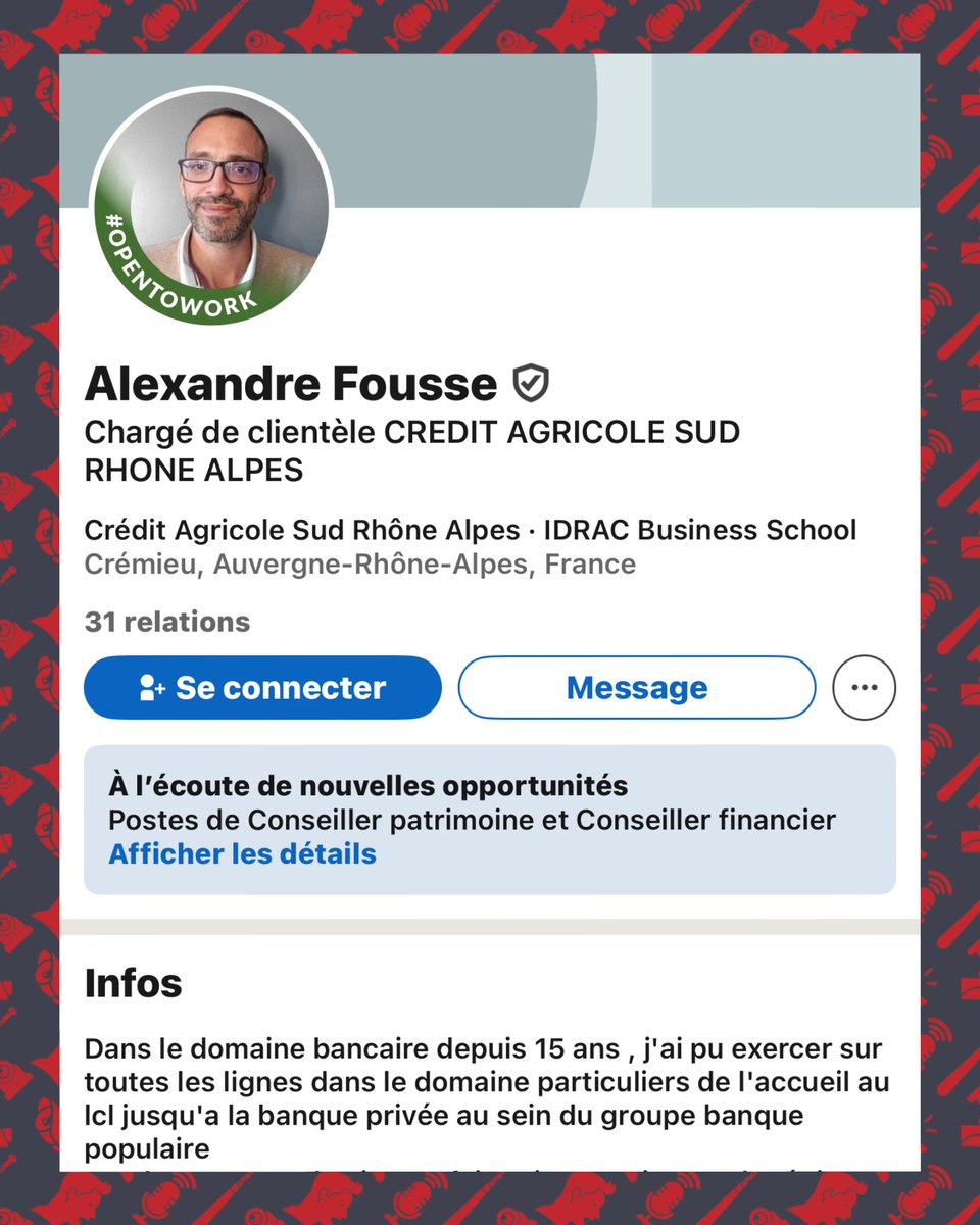 SwordOfSalomon's tweet image. 🚨 SIGNALEMENT : Alexandre Fousse (@lexFousse), banquier en recherche d’emploi, ancien du @CreditAgricole, résidant à Crémieu (38), a tenu publiquement des propos d’une gravité extrême sous une publication commémorant l’assassinat de Dan Elkayam z”l, jeune Juif français victime…
