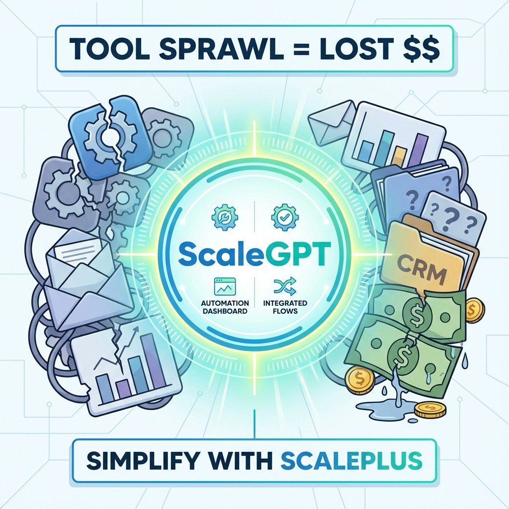 scaleggofficial's tweet image. Scattered tools can cost your business over $50K/year in lost productivity &amp;amp; fees. ScaleGPT replaces that chaos with automation and clarity: all in one. Serious about growth? Sign up for ScalePlus and simplify everything. #buildwithconfidence #ScaleGG