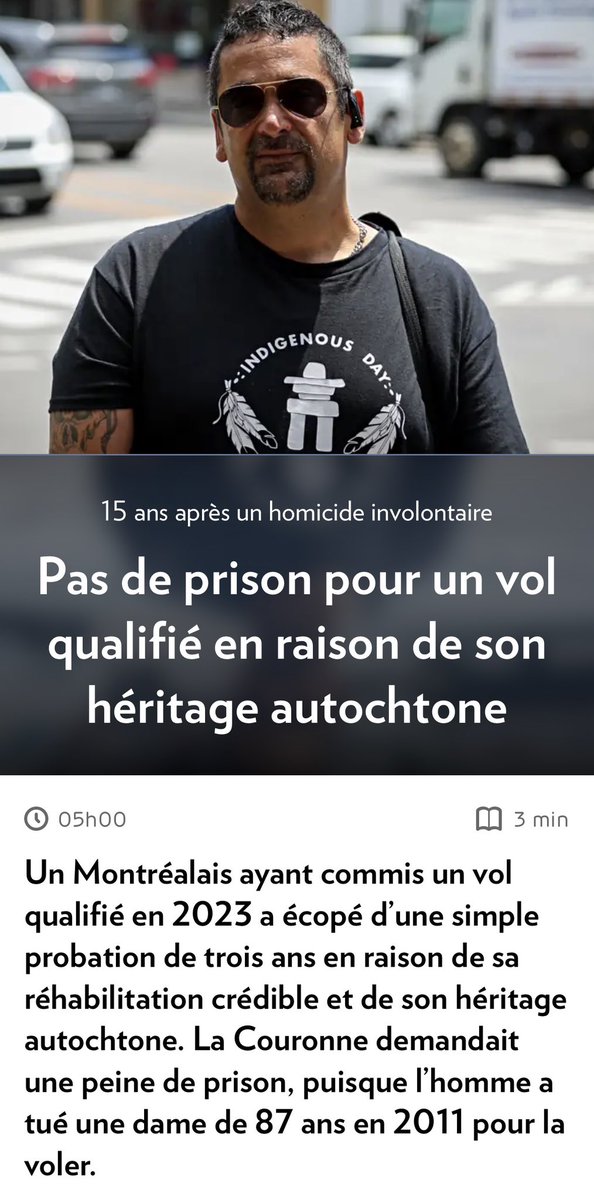 Chatelim's tweet image. Dire qu’une peine est allégée en raison de « l’héritage autochtone » d’un individu, c’est franchir une ligne dangereuse.

Malgré des expériences collectives historiques qui ont marqué les Autochtones, celles-ci ne se transposent pas directement dans une expérience individuelle de…