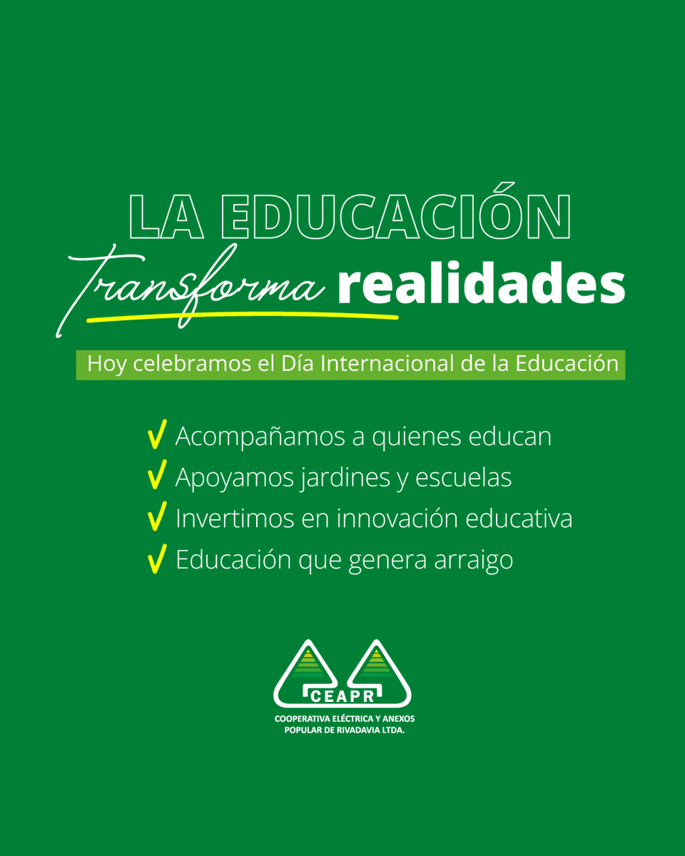 📚✨ Hoy celebramos el Día Internacional de la Educación

💙 Seguimos acompañando a quienes construyen el futuro todos los días.
#DíaDeLaEducación #CompromisoCooperativo #EducaciónParaElFuturo