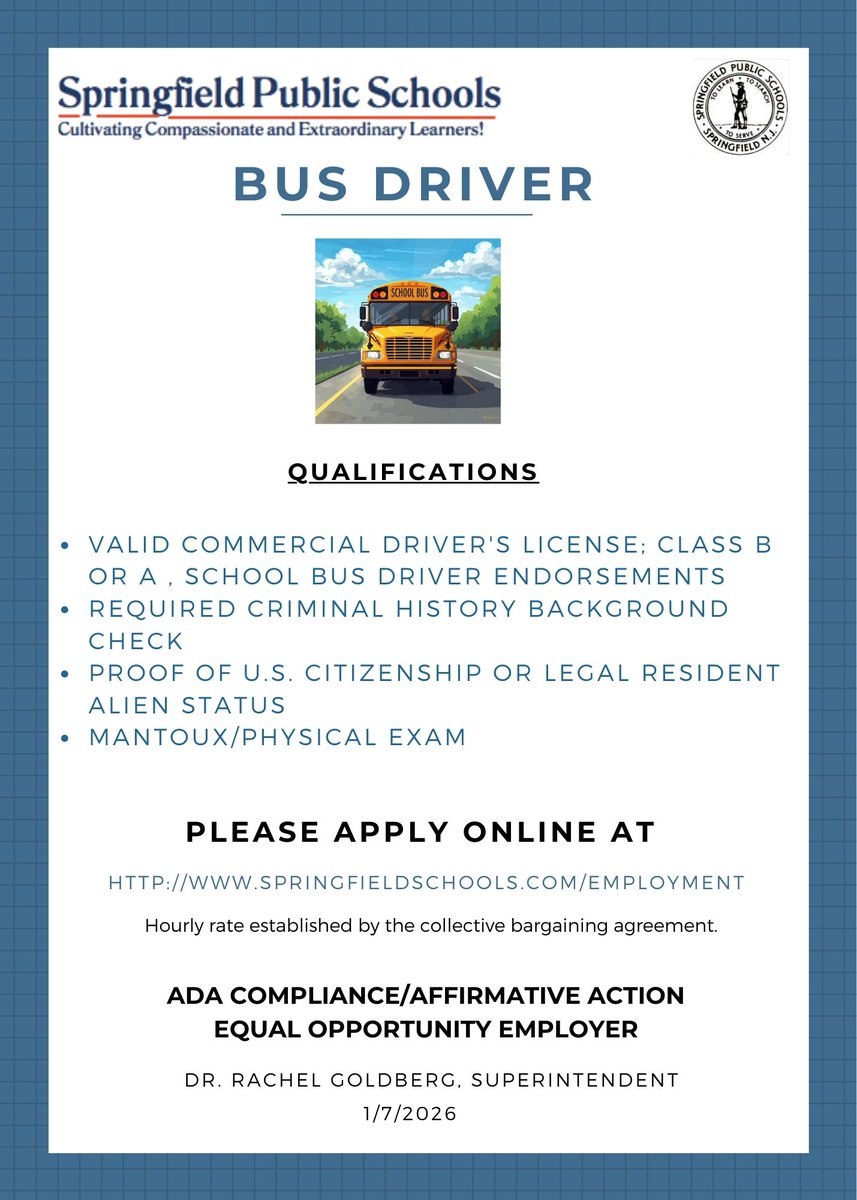 SpringfieldSchs's tweet image. Bus Driver

To Apply: applitrack.com/springfield/on…
