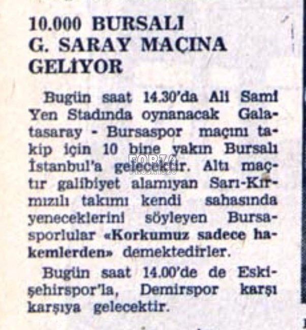 forzaprusa1326's tweet image. 19 Kasım 1967 tarihli bir gazete küpürü

"10.000 Bursalı g.saray maçına geliyor"