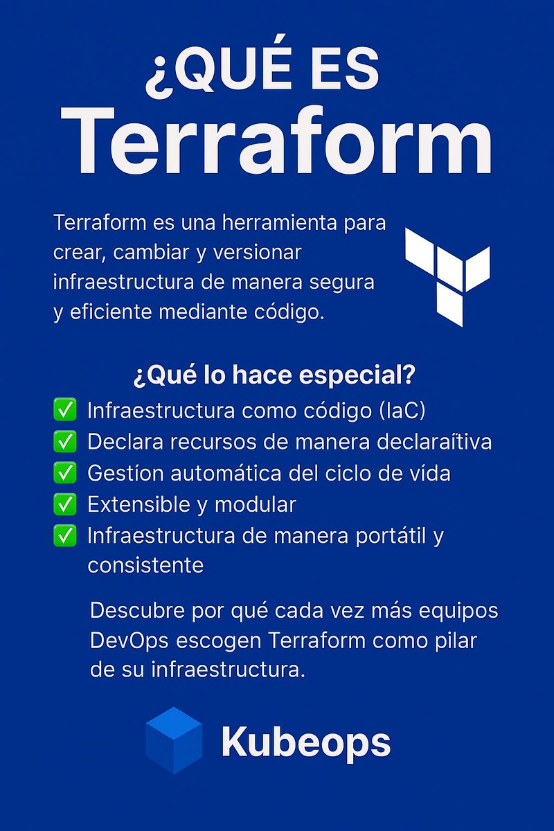 Kubeops_dev's tweet image. ¿Qué es Terraform y por qué está revolucionando el mundo DevOps?Terraform es la herramienta open-source que permite crear, modificar y versionar infraestructura de forma segura y eficiente mediante código (Infrastructure as Code - IaC).¿Qué la hace tan especial? 
• Recursos…