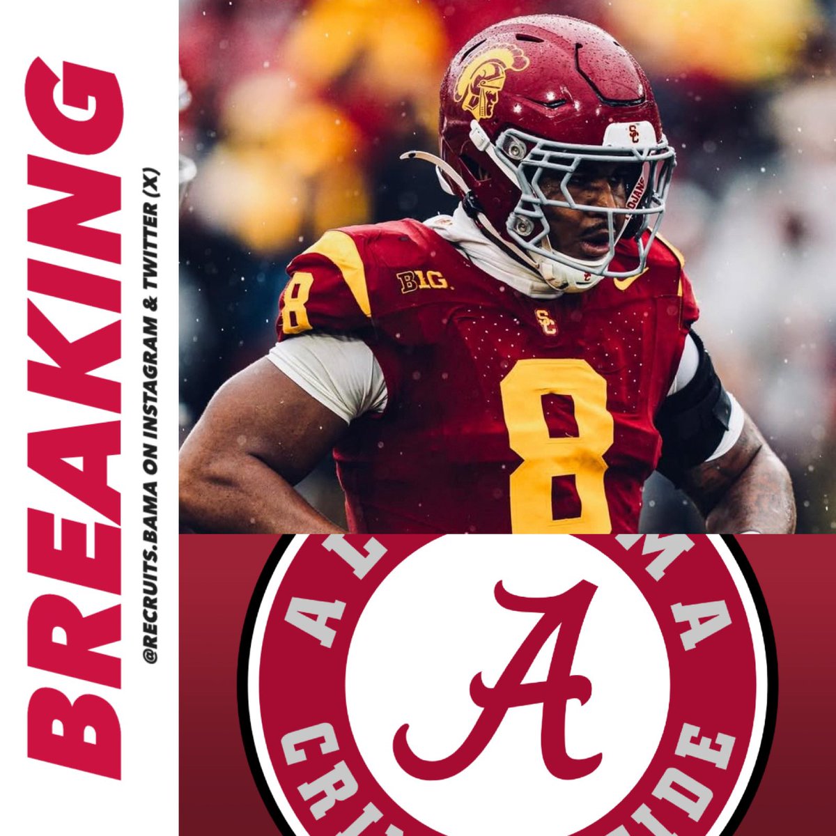 RecruitsBama's tweet image. 𝗕𝗥𝗘𝗔𝗞𝗜𝗡𝗚: USC transfer DL Devan Thompkins has COMMITTED to Alabama! 🐘

The 6’5 290 DL had 56 total tackles, 4.5 sacks, 1 forced fumble, and 5 pass deflections in three years with the Trojans

Thompkins is ranked No. 23 Nationally and is the No. 3 DL in the Transfer…