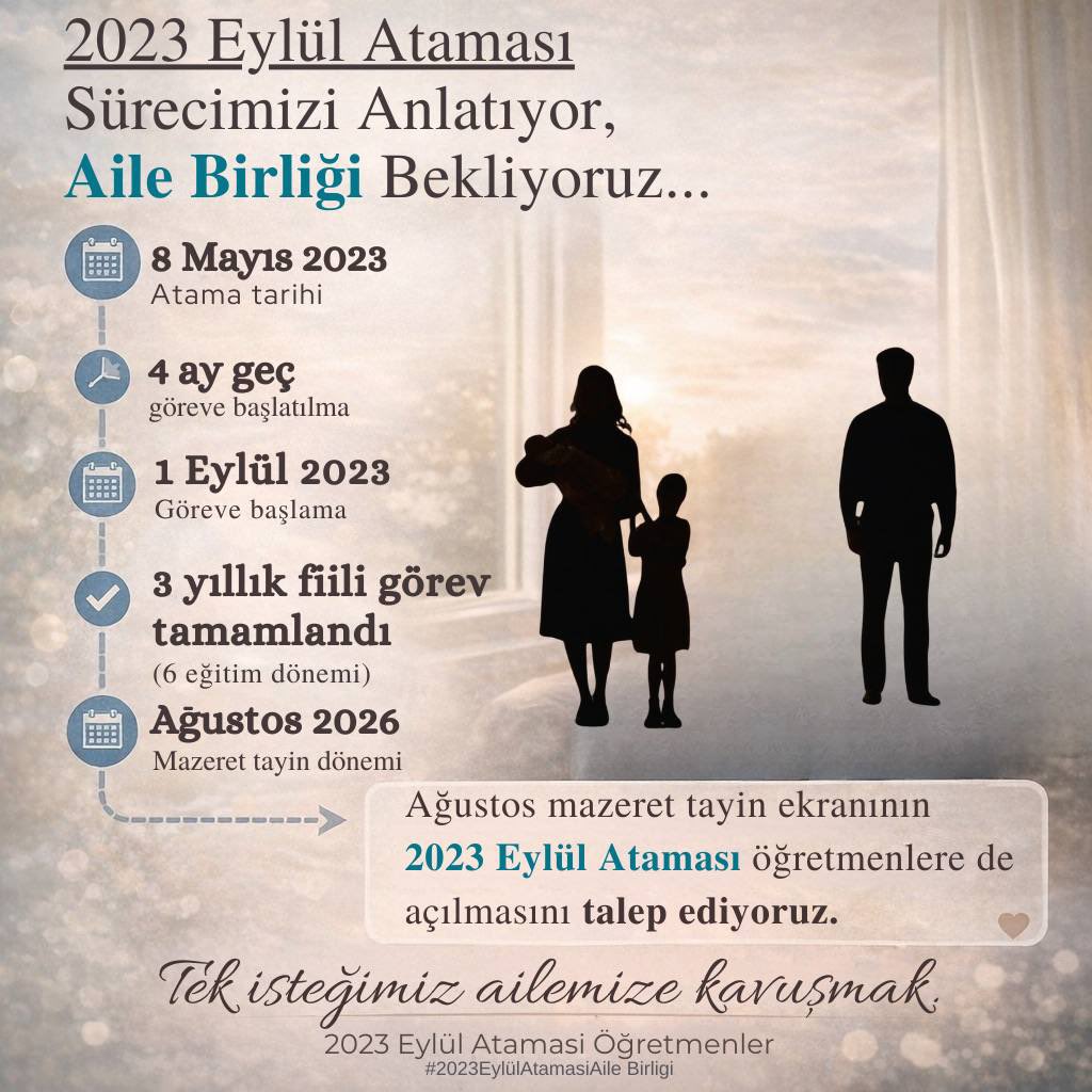 Sayın Bakanımızın her zaman olduğu gibi aile birliği konusunda da yanımızda olacağına inanıyoruz.
2023 Eylül Ataması öğretmenleri olarak Aile Yılında umutluyuz.

<a href="/Yusuf__Tekin/">Yusuf Tekin</a>
<a href="/cftcblnt/">Bülent ÇİFTCİ</a>
<a href="/oguzozat/">Oğuz ÖZAT</a>
<a href="/aliyalcin/">Ali Yalçın</a>
<a href="/TalipGeylan06/">Talip Geylan</a>
<a href="/RamazanCakirci/">Ramazan Çakırcı</a>

#2023EylülAtamasıAileBirligi