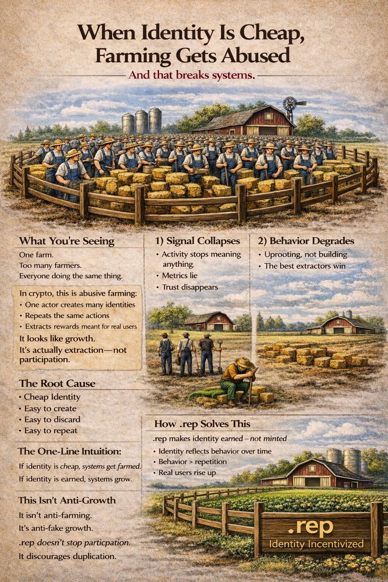 rep_protocol's tweet image. Farming isn’t the bug.

Cheap identity is.

When identity is free to mint,
farming stops signaling anything real.

.rep 🦎