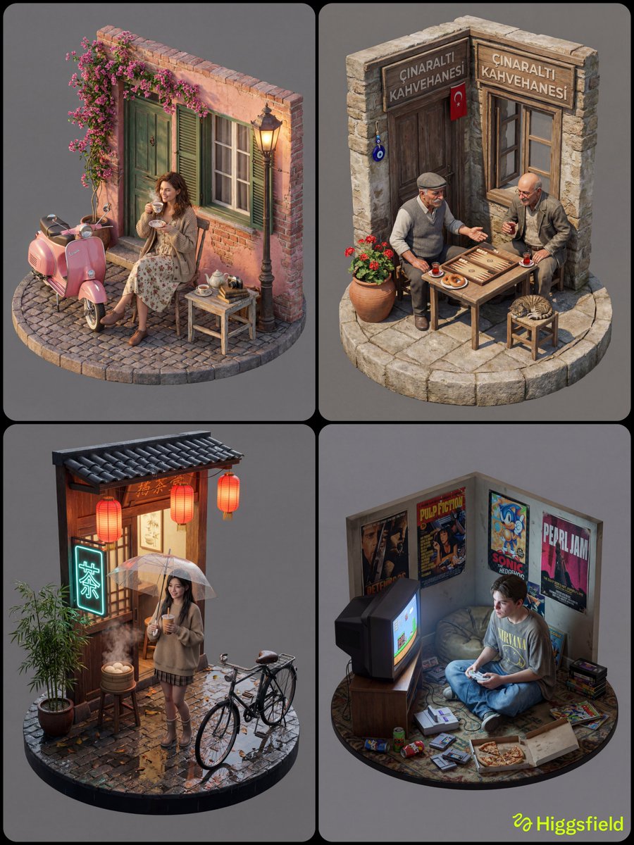 This AI image generation style focuses on creating hyper-realistic 3D isometric scenes with detailed textures and realistic human subjects integrated into their environments.