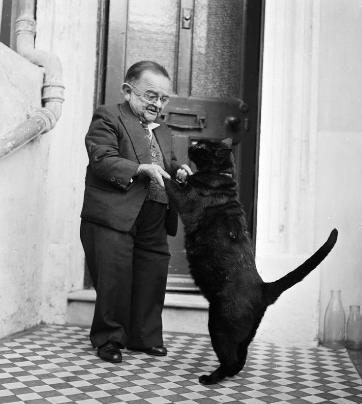 The world's smallest adult man, Henry Behrens, dances with his cat. October 26, 1956
