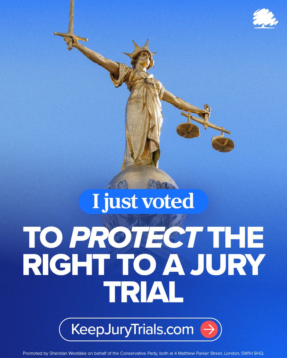 I just voted to protect the right to a jury trial.

I was the only MP in the North East to do so.

Keir Starmer is removing your right to a jury trial because he doesn't trust the British people.

We’ve got to get him out.

Sign our petition 👉whatlaboursaid.com/keep-jury-tria…