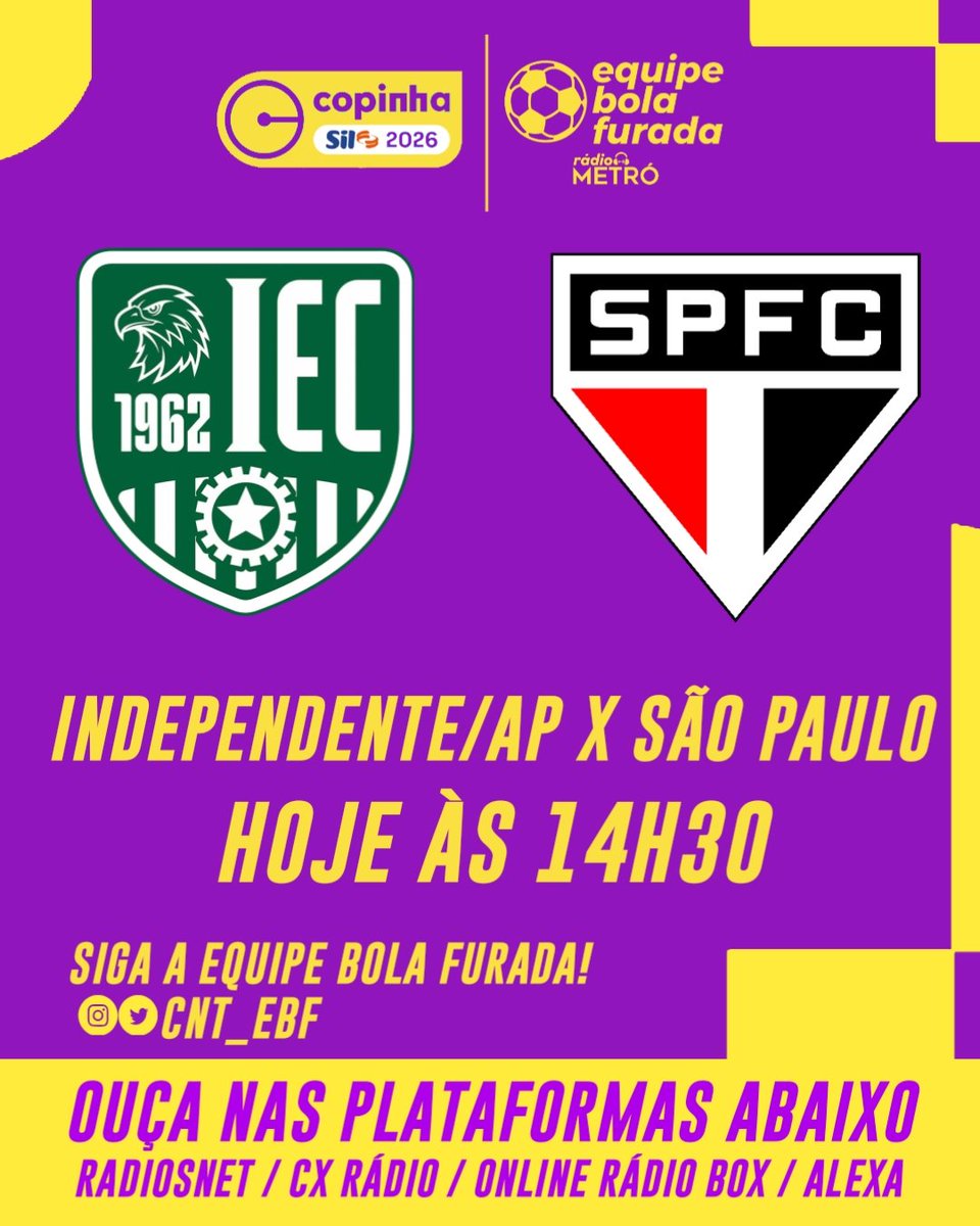 É QUARTA-FEIRA E TEM MAIS COPINHA NA RÁDIO METRÓ!

Você vai acompanhar as emoções de Independente/AP x São Paulo, não perca! A transmissão começa às 14h30.

Interaja com a hashtag #CopinhaNaMetró, estaremos ligados!