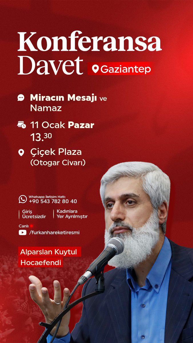 Kendisine âyetlerimizden bir kısmını gösterelim diye kulunu Muhammed'i bir gece Mescid-i Haram'dan çevresini bereketlendirdiğimiz Mescid-i Aksa'ya götüren Allah'ın şanı yücedir. Hiç şüphesiz o, hakkıyla işitip görendir. (İsra 1)

AlparslanHoca AntebeGeliyor
#FurkanKonferansları