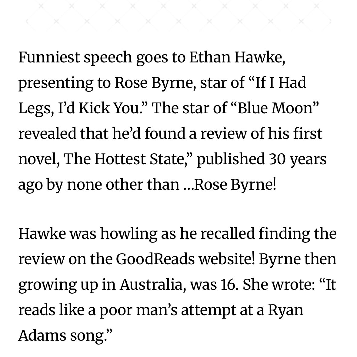 StarcoVision's tweet image. Ethan Hawke teasing 16 year-old Rose Byrne for writing a shady review of his first novel is the greatest thing ever