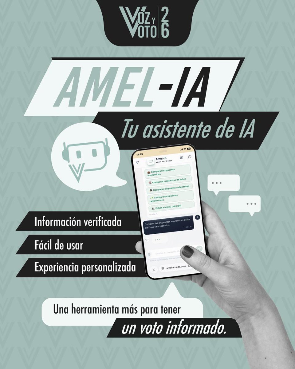 ameliarueda's tweet image. #VozyVoto2026 Amel-IA es tu herramienta de IA que te permite conocer y comparar los planes de gobierno de quienes aspiran a la Presidencia.

Podés interactuar aquí: ameliarueda.com/amel-ia