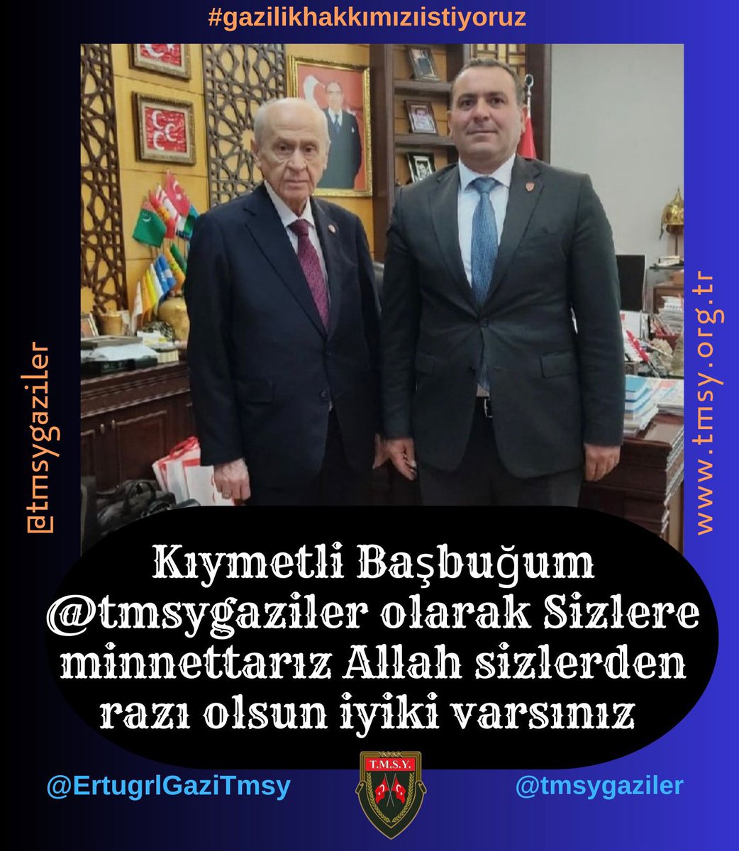 <a href="/ErtugrlGaziTmsy/">ERTUĞRUL GAZİ DEMİR</a> <a href="/TBMMresmi/">TBMM</a> <a href="/TmsyGaziler/">T.M.S.Y GAZİ SAYILMAYANLAR</a> <a href="/mustafaulu60332/">T.M.S.Y. mustafa uludogan</a> <a href="/MHP_Bilgi/">MHP</a> <a href="/oozgurbayraktar/">Özgür Bayraktar</a> Vatan için bedel ödeyen bizler yıllardır aynı duayla Sn Bahçeli’den bu konuda güçlü bir adım bekliyoruz.
#GazilikHakkımızıİstiyoruz
<a href="/TmsyGaziler/">T.M.S.Y GAZİ SAYILMAYANLAR</a>
<a href="/RTErdogan/">Recep Tayyip Erdoğan</a> 
<a href="/dbdevletbahceli/">Devlet Bahçeli</a> 
<a href="/hulusiakarmedya/">Hulusi AKAR</a> 
<a href="/avabdullahguler/">Abdullah Güler</a> 
<a href="/MahinurOzdemir/">Mahinur Özdemir Göktaş</a> 
<a href="/celebimehmeta/">Mehmet Ali Çelebi</a>
 <a href="/refik_ozen16/">refik ozen</a> 
<a href="/kocakkonuralp/">Konur Alp Koçak</a>