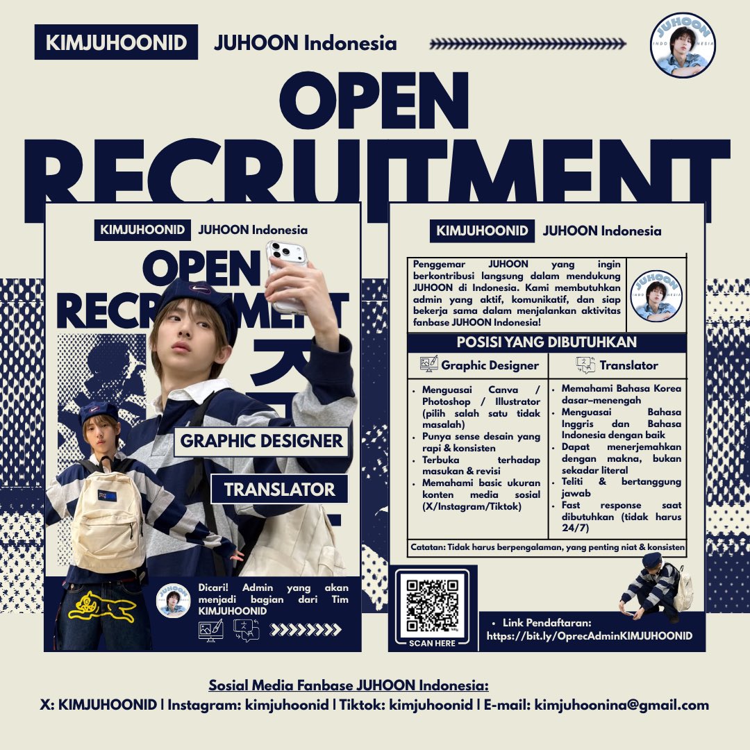 KIMJUHOONID's tweet image. 📢 OPEN RECRUITMENT ADMIN

JUHOONiverse~ @KIMJUHOONID sedang membutuhkan admin nih! Posisi yang dibutuhkan: 

• Graphic Designer
• Translator (Korean/English → Indonesian)

🗓️ Periode: 7 - 14 Januari 2026
🔗 Form Pendaftaran: bit.ly/OprecAdminKIMJ…

#JUHOON #주훈 
#CORTIS