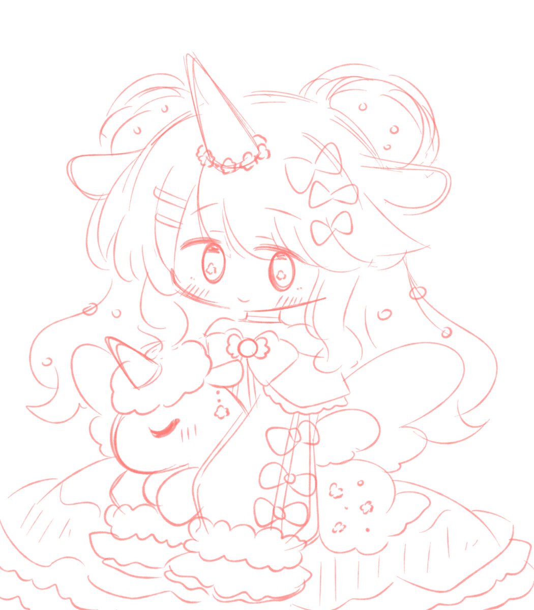 線画まで描けたサキュバスメイドちゃんと、ラフまでしか描けてないユニコーンちゃん☺️イラスト完成したら消します。